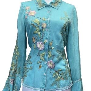 Johnny Was Turquoise Floral Embroidered Blouse
